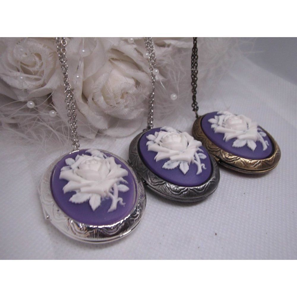 Purple Rose Cameo Locket Necklace Silver Gold New 30$